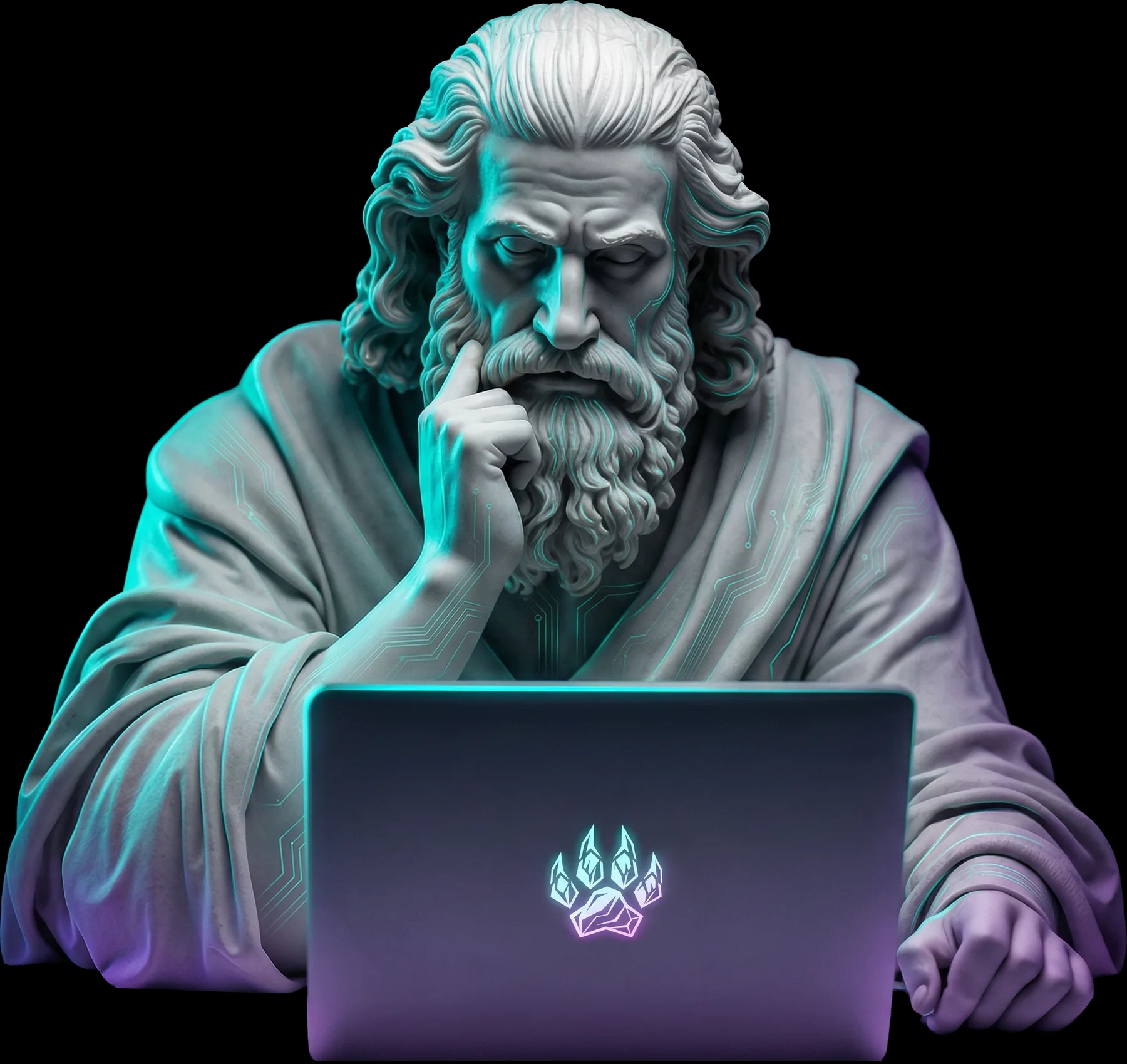 Marble statue of a robed philosopher, lit with cyan and violet accents, working at a laptop engraved with the IRONPAW paw mark