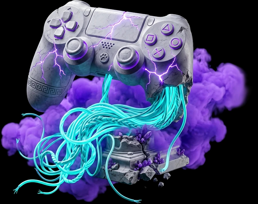 Game controller wrapped in cyan light trails